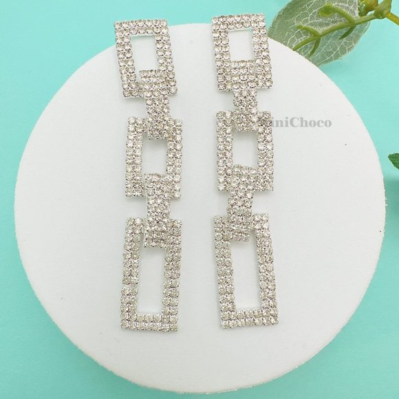 Silver Tone Rhinestone Rectangle Chain Link Earrings - Picture 1 of 10